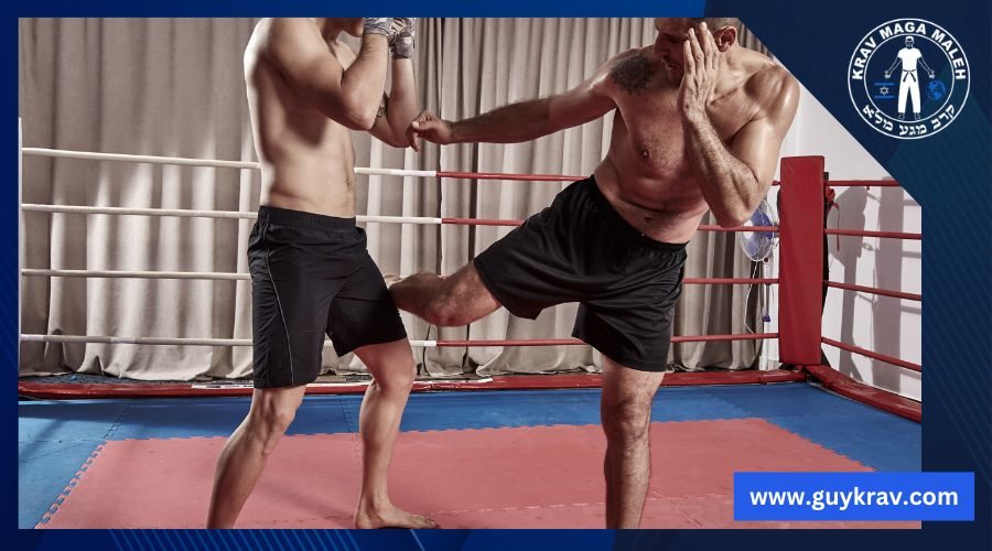 Muay Thai clinch with knee strike for self-defense.